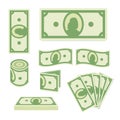 Green dollar banknotes set on white background. Paper money collection. Cash icon. Flat style. Royalty Free Stock Photo