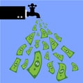 Green dollar fall out of black tap. illustration in flat style on blue background Royalty Free Stock Photo