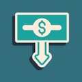 Green Dollar rate decrease icon isolated on green background. Cost reduction. Money symbol with down arrow. Business Royalty Free Stock Photo