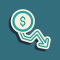 Green Dollar rate decrease icon isolated on green background. Cost reduction. Money symbol with down arrow. Business Royalty Free Stock Photo