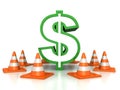 Green dollar sign protected by road traffic cones Royalty Free Stock Photo