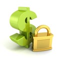 Green dollar symbol with golden padlock. money safety concept Royalty Free Stock Photo