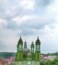 The green domed mosque looks beautiful