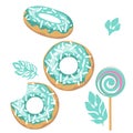 Green donuts with icing and sprinkles and lollipop. Set of doughnut. Cartoon style Royalty Free Stock Photo