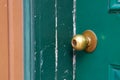 Green door brass handle doorknob antique painted wood Royalty Free Stock Photo