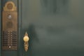 Green door with golden knob and bells Royalty Free Stock Photo