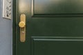 Green door with golden knob Royalty Free Stock Photo