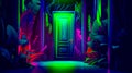 Green door in the middle of dark forest. Generative AI Royalty Free Stock Photo