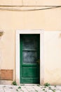 Green doors with shabby dirty windows against the white wall