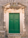 Green doors. Wood texture. Old shabby, irradiated paint