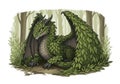 A green dragon adorned with leaf-like scales rests in a forest setting, surrounded by trees with Royalty Free Stock Photo