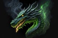 green dragon on a black background, Illustration of Infuriated Dragon with Fire Flames in Green Color on Black Background for Royalty Free Stock Photo