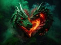 green dragon breathe fire in shape of heart, one head, flame in shape of heart, ai generated Royalty Free Stock Photo