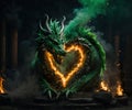 green dragon breathe fire in shape of heart, one head, flame in shape of heart, ai generated Royalty Free Stock Photo