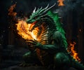 green dragon breathe fire in shape of heart, one head, flame in shape of heart, ai generated Royalty Free Stock Photo