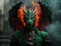 green dragon breathe fire in shape of heart, one head, flame in shape of heart, ai generated Royalty Free Stock Photo