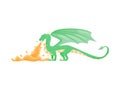 Green dragon breathing fire, side view. Fantastic animal with large wings, horns and long tail. Flat vector design Royalty Free Stock Photo