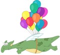 Green dragon flying on colored balloons.