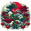 A green dragon with the great waves, red lampion, flower, chinese ancient architecture, Japanese style, white background Royalty Free Stock Photo