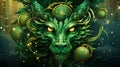 Green dragon illustration on a dark green background. Happy New Year 2024. Year of the Dragon. Wooden dragon as a symbol of the Royalty Free Stock Photo