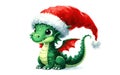 Green dragon in a red Santa Claus hat. Mythical fantasy animal. Symbol of the new year 2024