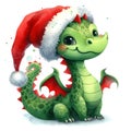 Green dragon in a red Santa Claus hat. Mythical fantasy animal. Symbol of the new year 2024