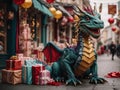 A green dragon sits near gifts on the street in Chinatown
