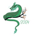 Green dragon sitting on a flowering branch isolate on a white background. Vector graphics