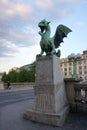 Green dragon statue at the dragon bridge landmark of Ljubljana i Royalty Free Stock Photo