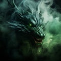 Green dragon, symbol of the new year 2024 in the smoke, scary evil with big teeth