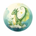 Green dragon. Symbol of the year 2024. Cartoon character. watercolor illustration.
