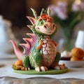 Green dragon from vegetables and herbs. Carving in cooking as the art of artistic cutting