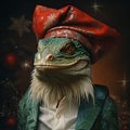 Green dragon wearing red new year hat, symbol of new year 2024, chinese new year, fantastic fairy-tale lizard Royalty Free Stock Photo