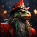 Green dragon wearing red new year hat, symbol of new year 2024, chinese new year, fantastic fairy-tale lizard Royalty Free Stock Photo