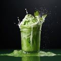 a green drink splashing into a glass