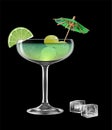 Green drink in a transparent glass, with a green cocktail umbrella, lime slice and grapes. Very realistic illustration