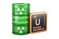 Green drums full of uranium ore with chemical element icon uranium U, 3D rendering Royalty Free Stock Photo