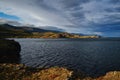 Green dry trees stand on mountain against background of the shore of lake Baikal in the fog Royalty Free Stock Photo