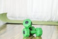 Green dumbbells and mat for workout indoor.Concept of training at home and getting stronger