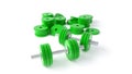 Green dumbbells on a white background close-up