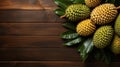 Green durian on the wooden board, Thai fruit. Space for text. Generative AI