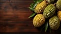 Green durian on the wooden board, Thai fruit. Space for text. Generative AI