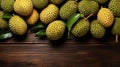 Green durian on the wooden board, Thai fruit. Space for text. Generative AI