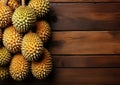 Green durian on the wooden board, Thai fruit. Space for text. Generative AI