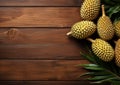 Green durian on the wooden board, Thai fruit. Space for text. Generative AI