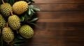 Green durian on the wooden board, Thai fruit. Space for text. Generative AI