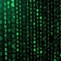 A green dynamic stream of binary code, consisting of 1s and 0s