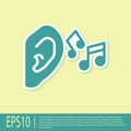 Green Ear listen sound signal icon isolated on yellow background. Ear hearing. Vector Royalty Free Stock Photo