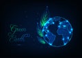 Green Earth ecology concept with glowing low poly planet Earth globe, leaves,stars and text Royalty Free Stock Photo