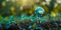 The green earth inside the light bulb is placed on top of soil, created with Generative AI technology Royalty Free Stock Photo